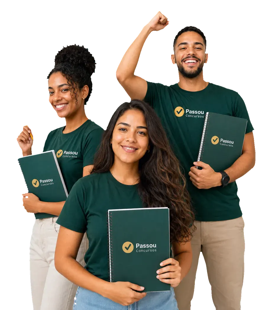 Pessoas com materiais de estudo da Passou Concursos