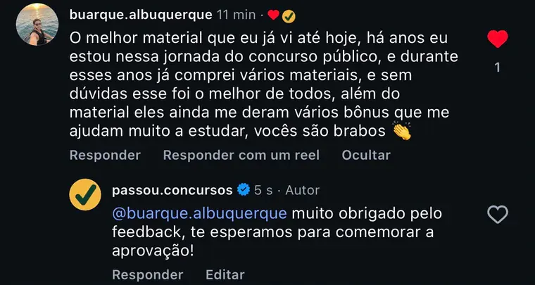 Feedback de aluno sobre o material para concurso