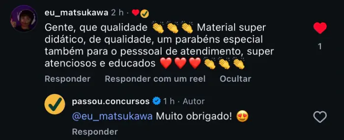 Feedback de aluno sobre material e atendimento